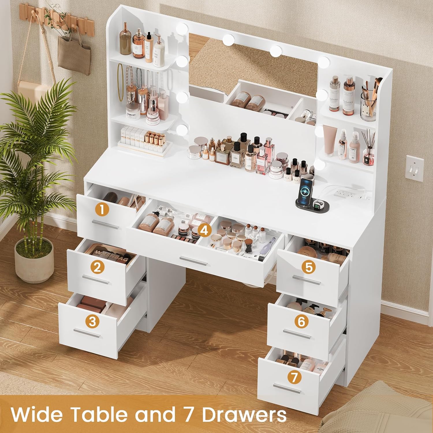 Wholesale Modern Large Vanity Desk With LED Lighted Mirror And Power Outlet