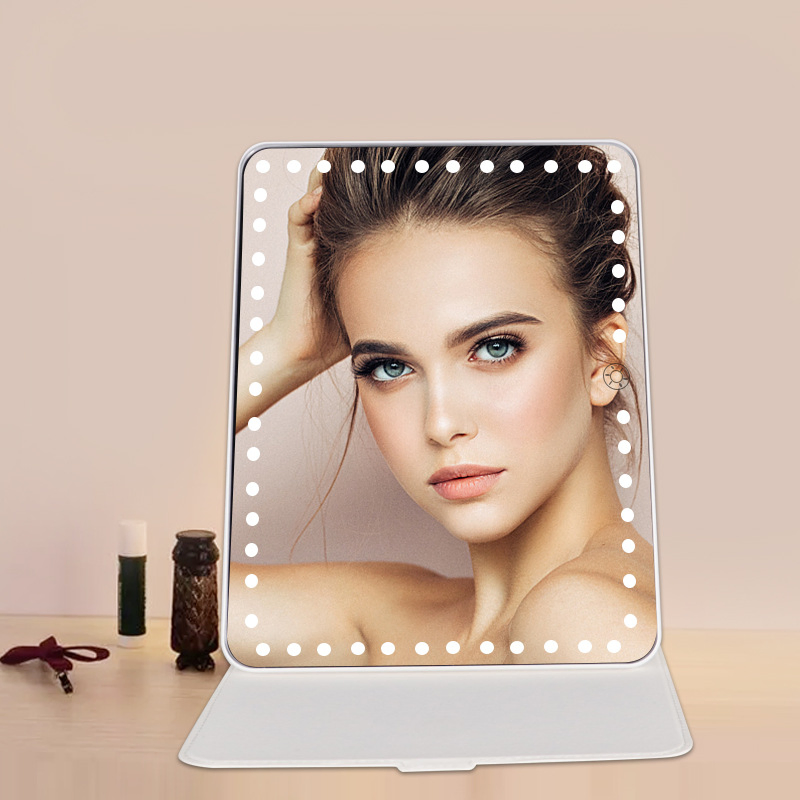 Three-Color Light Portable Ultra-Thin Compact LED Makeup Mirror with Leather Case Folding Travel Mirror
