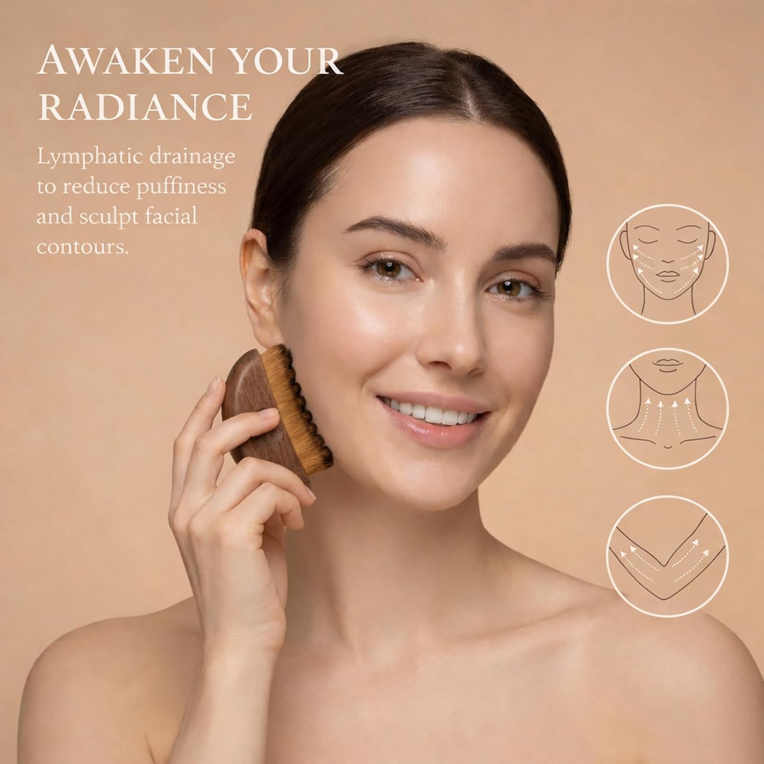 Lymphatic Contour Face Brush for Drainage Wooden Handle Natural Soft Bristles for Dry Brushing Vintage Double-Opening Gift Box