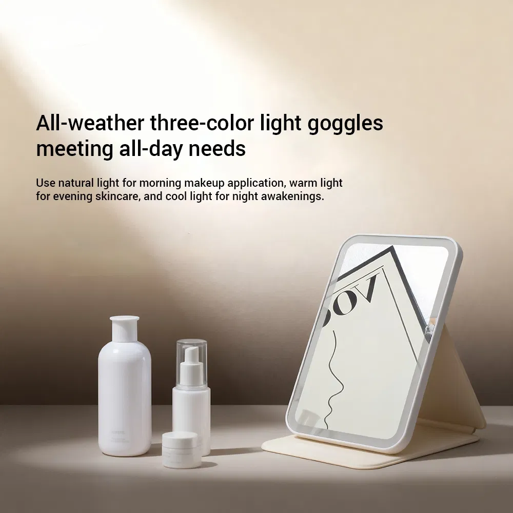 LED Square Case Travel Makeup Mirror with Three-Color Lighting