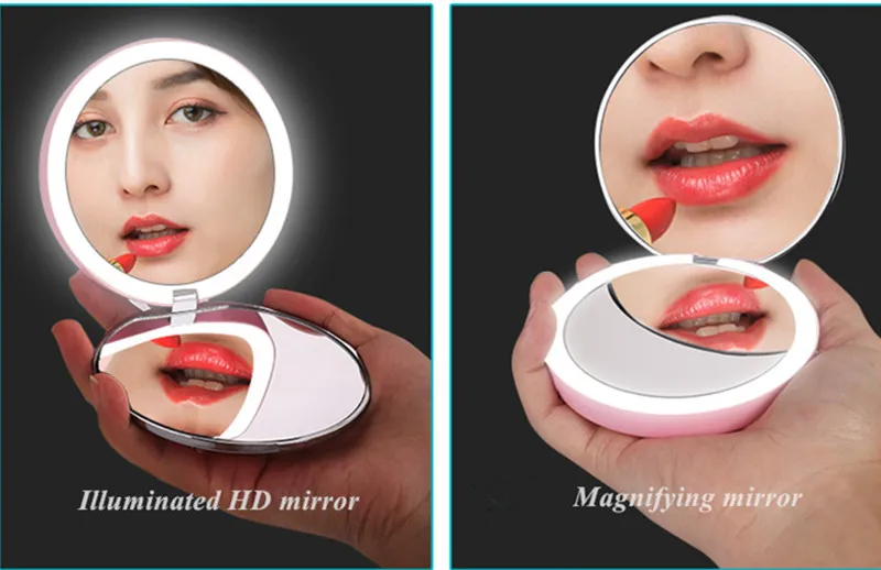 LED Compact Mirror Rechargeable 1X/10X Magnification Dimmable Travel Makeup Mirror Handbag Handheld Double Sided Mirror