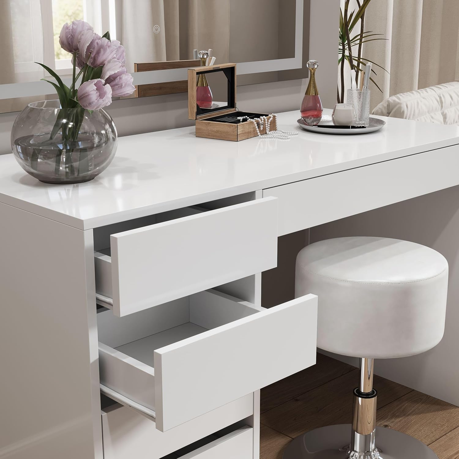Modern White Dressing Table LED Mirror Storage Drawers Wood Bedroom Makeup Vanity Table With Lighted Mirror