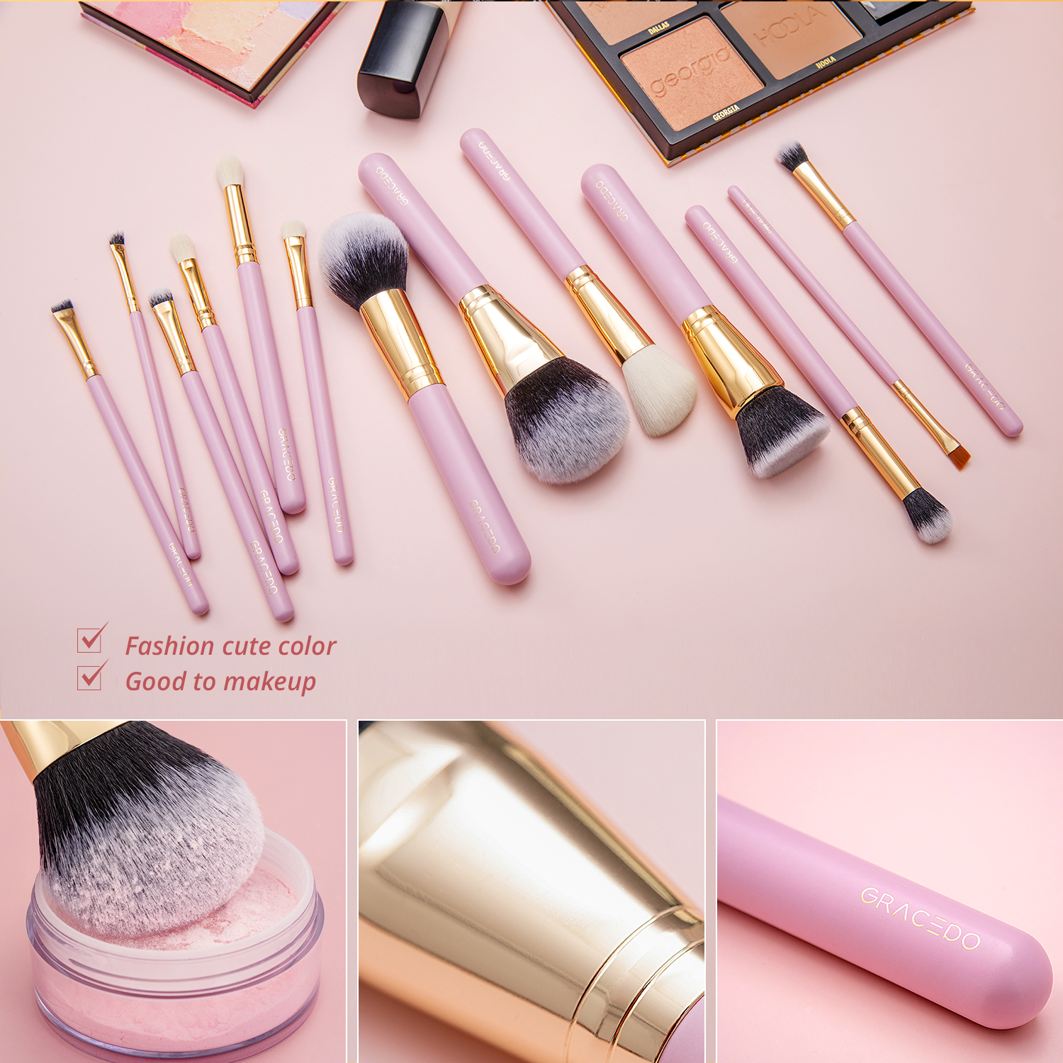 Gracedo 15-Piece Premium Makeup Brush Set with Synthetic Hair Fan Brush for Face Foundation Blush Concealer Eyeshadow