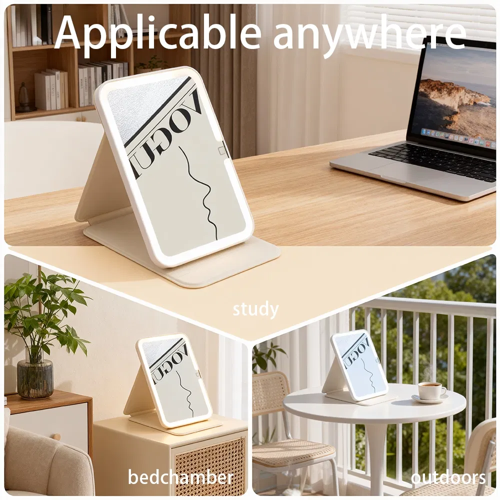LED Square Case Travel Makeup Mirror with Three-Color Lighting
