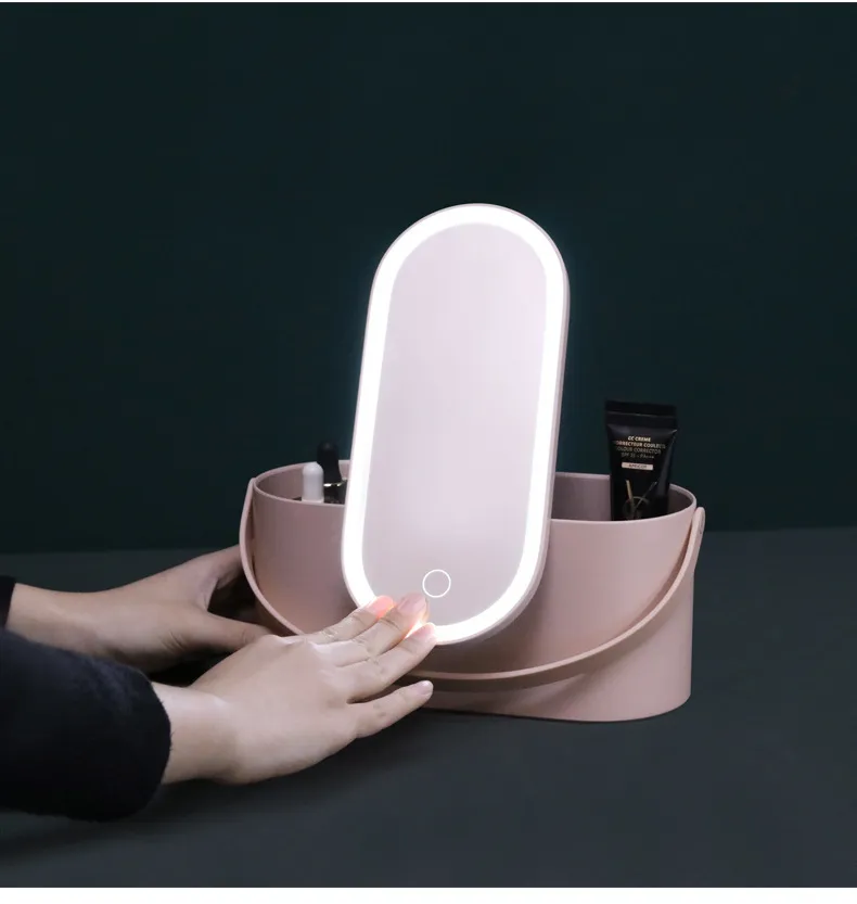 Portable Travel Foldable Smart Touch LED Light Cosmetic Mirror with Handheld Plastic Makeup Organizer Box