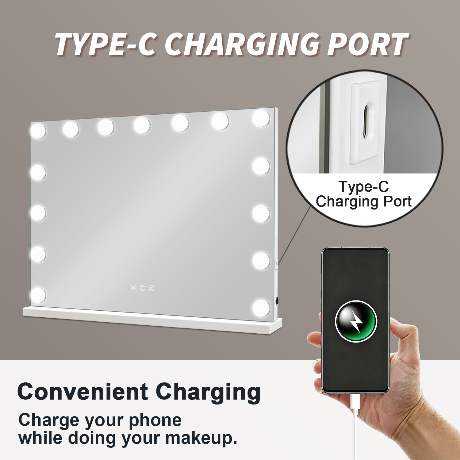 Star Light Mirror With Phone Charging, 15 LED Bulbs Holly Wood Mirror Desktop Smart Glass Rectangular Vanity Mirror Espejo