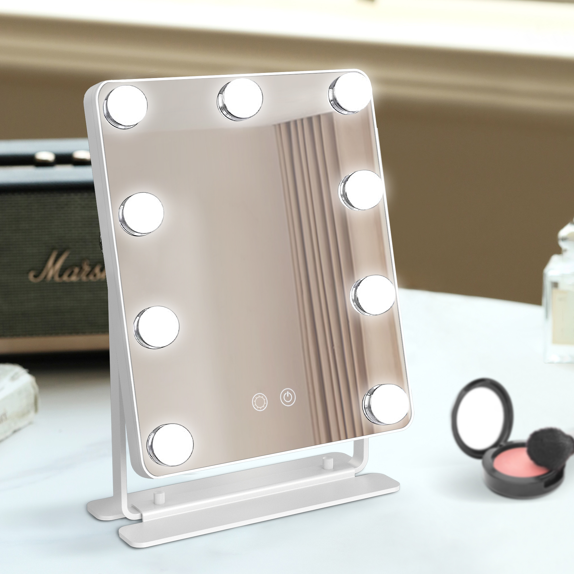 For Hollywood USB Powered Large Lighted Desktop Vanity Mirror 3 Color 9 Dimmable LED Lights Smart Touch Control Cosmetic Mirror