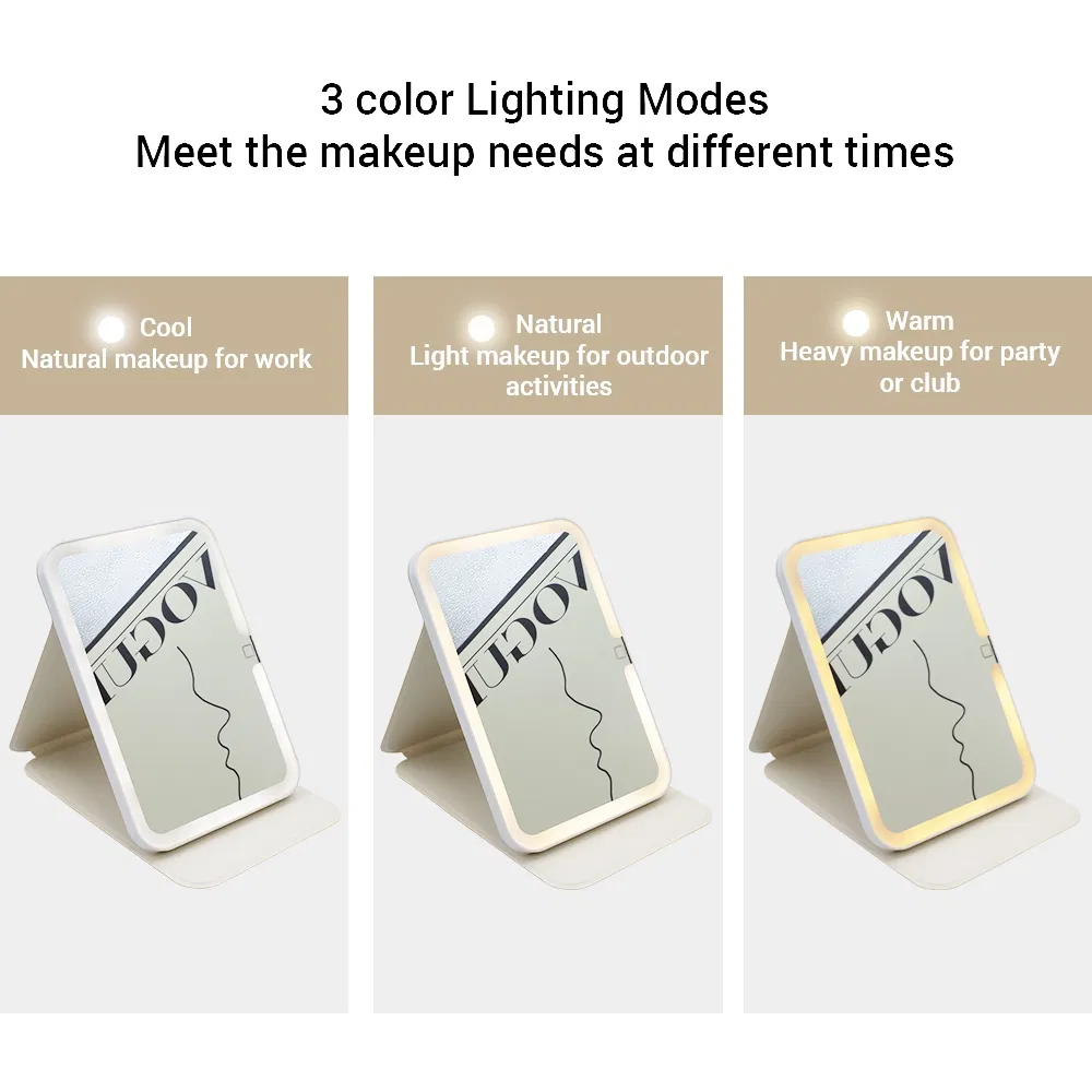 LED Square Case Travel Makeup Mirror with Three-Color Lighting