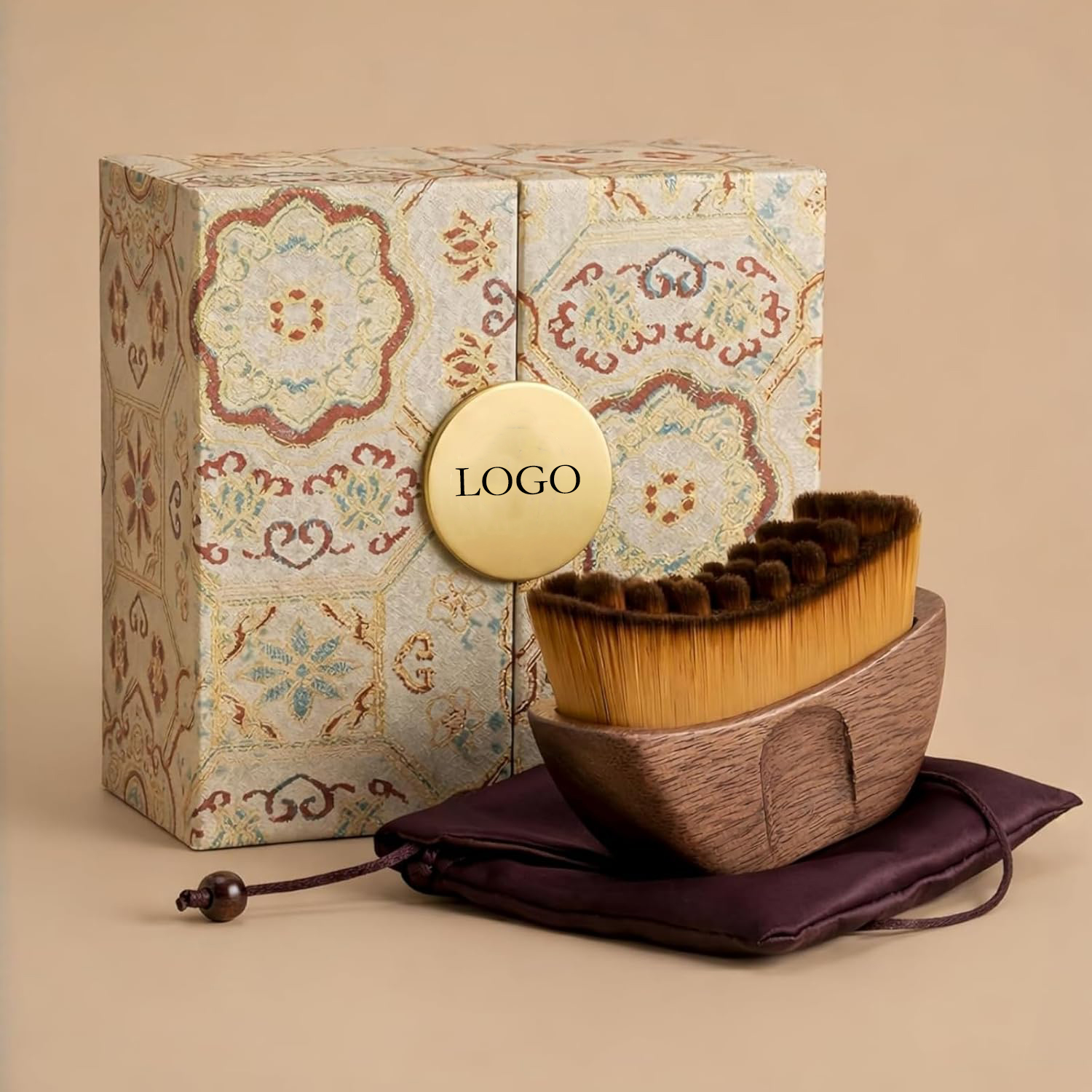 Lymphatic Contour Face Brush for Drainage Wooden Handle Natural Soft Bristles for Dry Brushing Vintage Double-Opening Gift Box