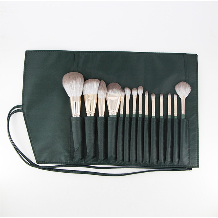 New High Quality 14PCS Green Synthetic Hair Fashion Foundation Eyebrow Eyelash Makeup Brushes Set Custom Logo