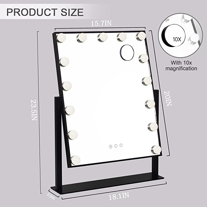 Vanity Mirror with Lights and Magnification Hollywood Makeup Mirror with 15pcs Dimmable LED Dressing Room Tabletop Mirror