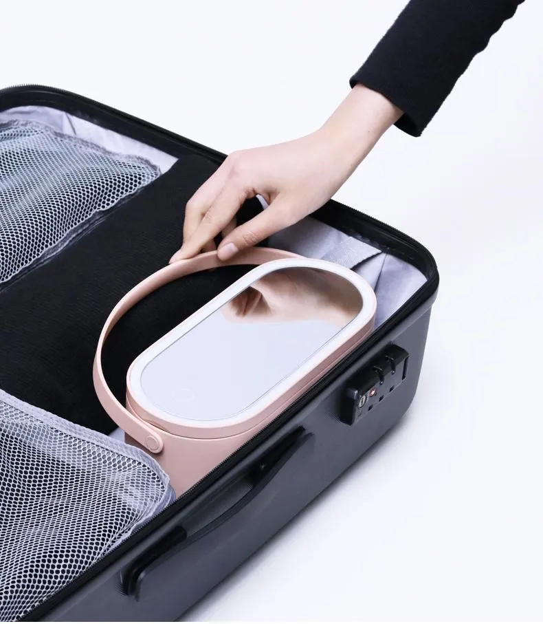 Portable Travel Foldable Smart Touch LED Light Cosmetic Mirror with Handheld Plastic Makeup Organizer Box