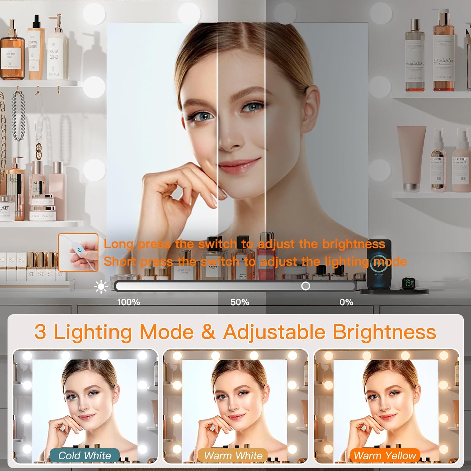Wholesale Modern Large Vanity Desk With LED Lighted Mirror And Power Outlet