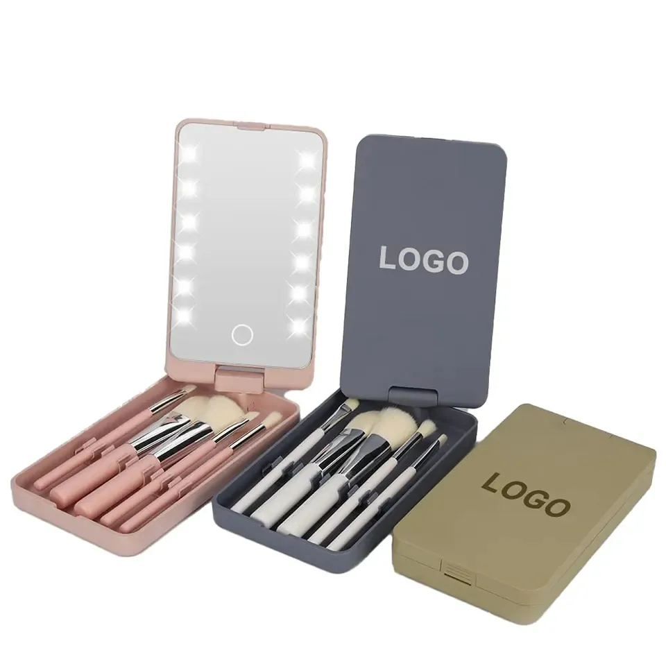 360 Degree Folding Travel Mirror with LED Lights and 5 Make up Brushes