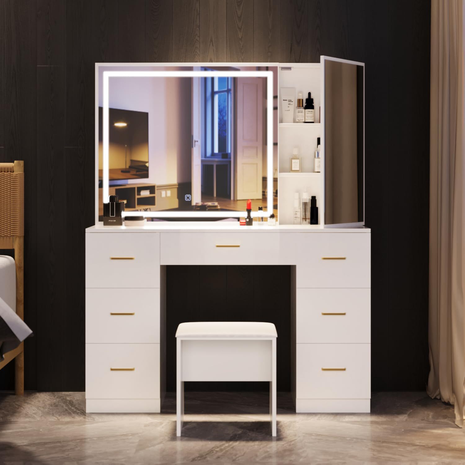Modern White Bathroom Vanity Set With LED Mirror 7 Drawers Frame Wholesale Dressing Table Stool Furniture