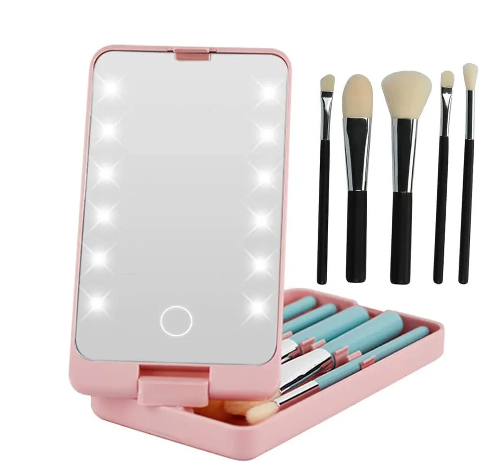 360 Degree Folding Travel Mirror with LED Lights and 5 Make up Brushes