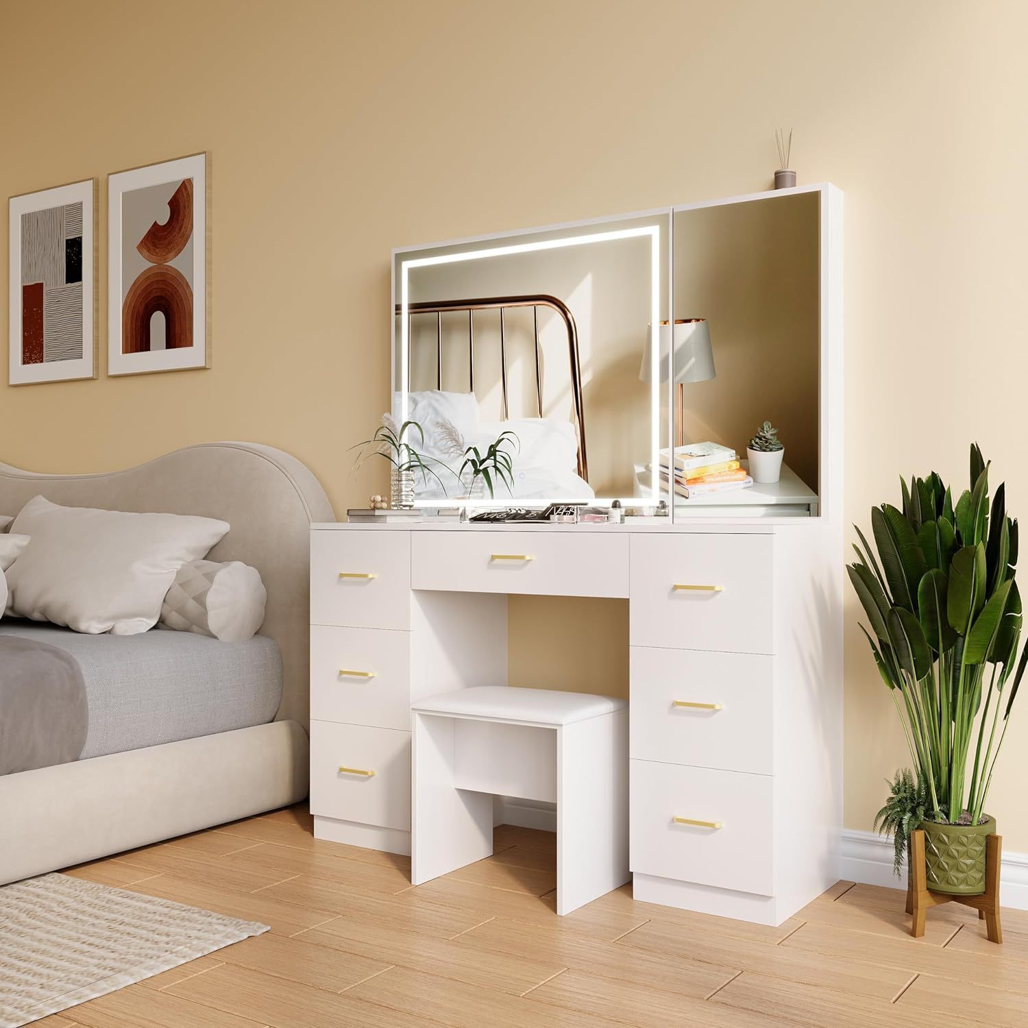 Modern White Bathroom Vanity Set With LED Mirror 7 Drawers Frame Wholesale Dressing Table Stool Furniture