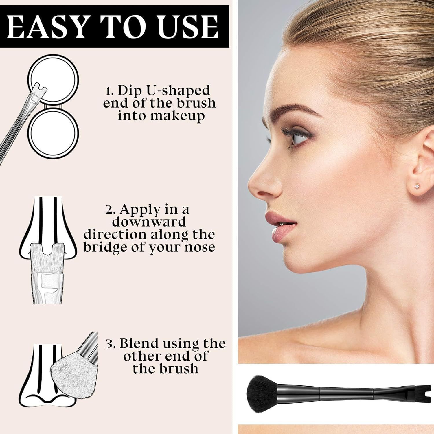 2-in-1 Double-Headed U-Shape Contour Powder Brush for Nose Shadow Highlight &amp; Concealer Makeup with Comfortable Handle