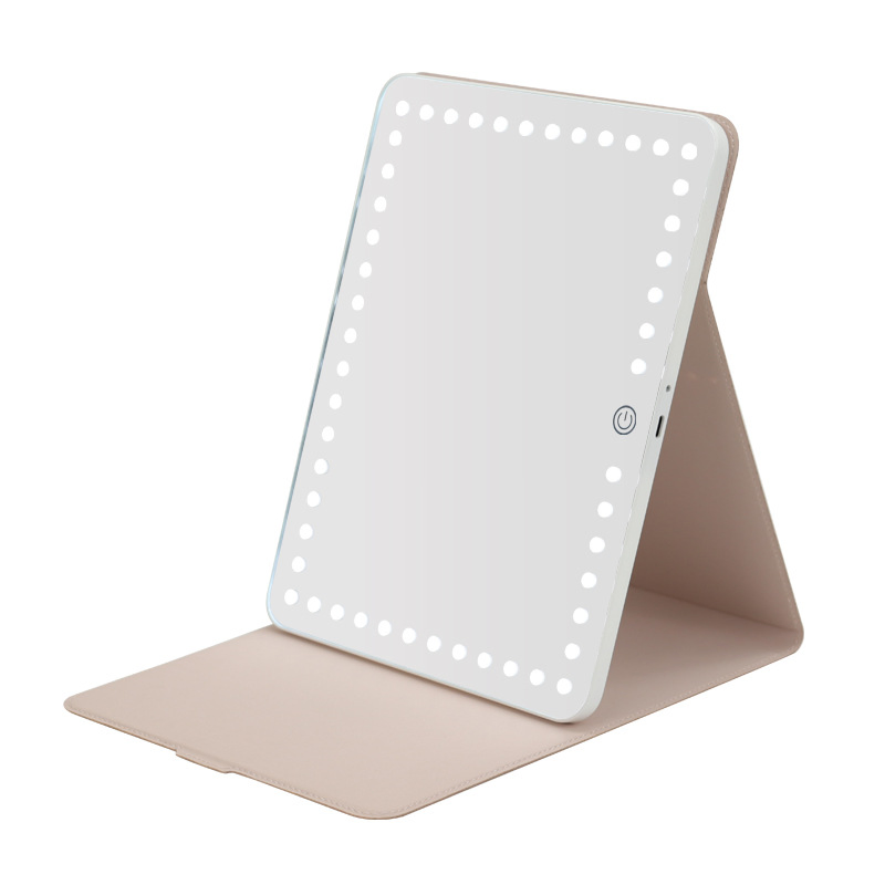 Three-Color Light Portable Ultra-Thin Compact LED Makeup Mirror with Leather Case Folding Travel Mirror
