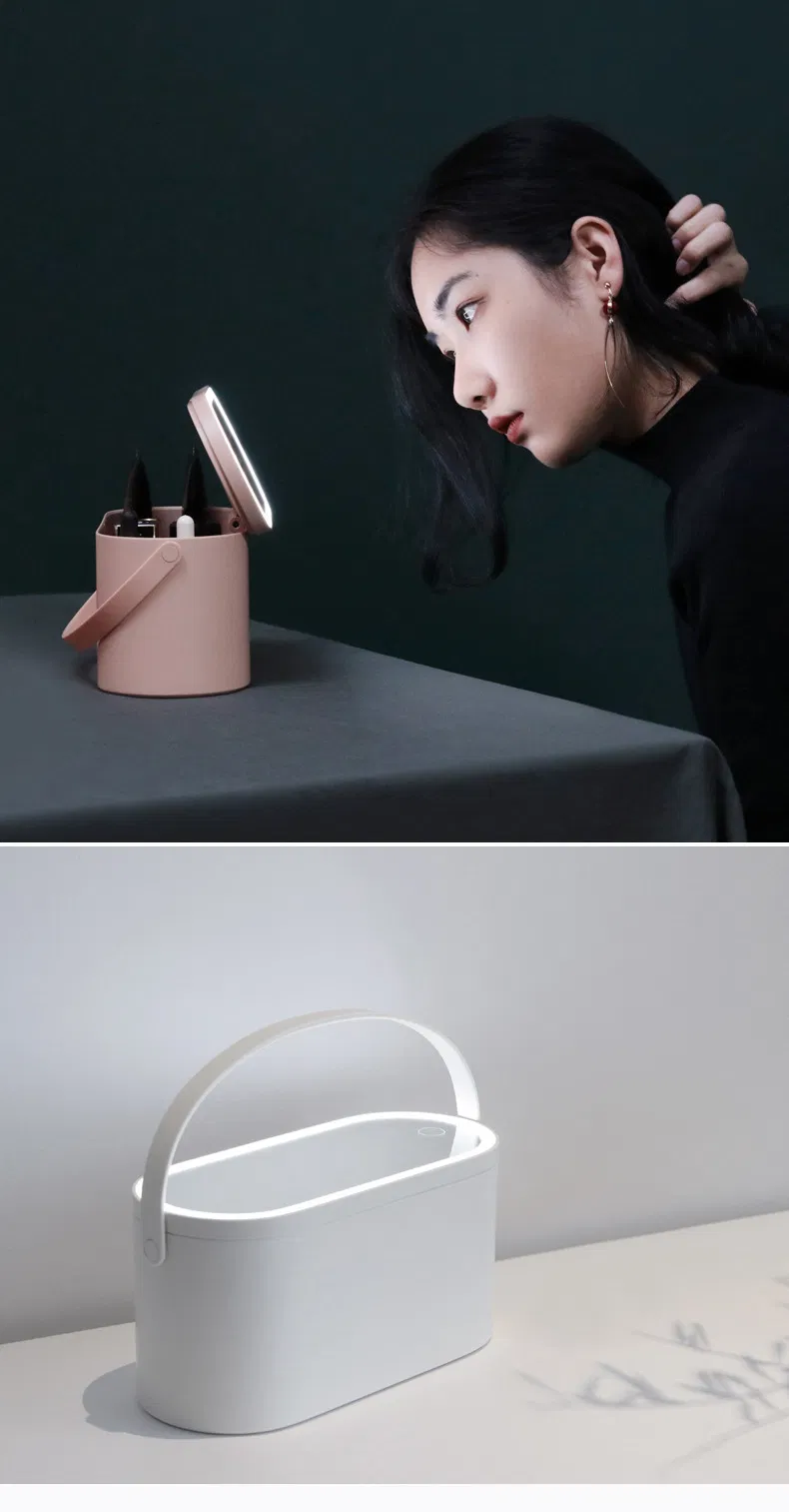 Portable Travel Foldable Smart Touch LED Light Cosmetic Mirror with Handheld Plastic Makeup Organizer Box