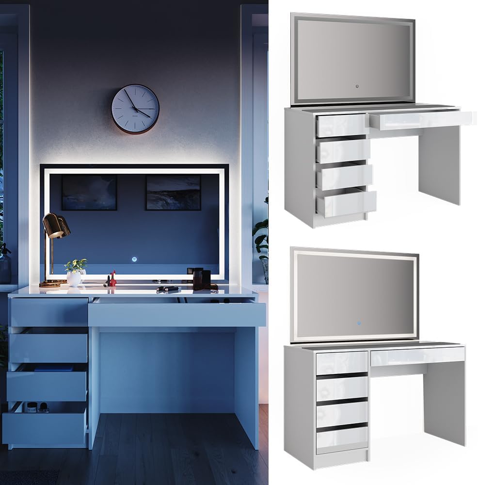 Modern White Dressing Table LED Mirror Storage Drawers Wood Bedroom Makeup Vanity Table With Lighted Mirror