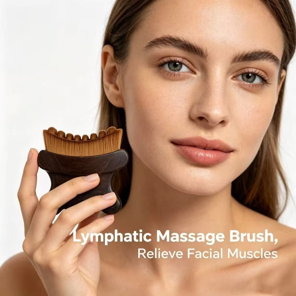 Ergonomic Shape Lymphatic Face Contour Massage Curved Handle Storage Case Wood Grain Look Plastic Easy Hold Concealer Compatible