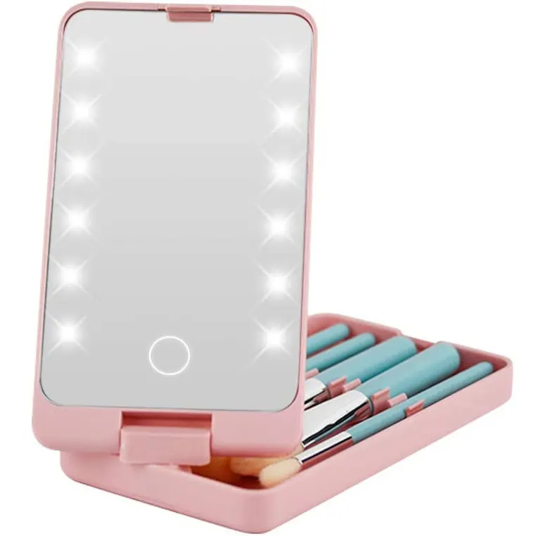 360 Degree Folding Travel Mirror with LED Lights and 5 Make up Brushes