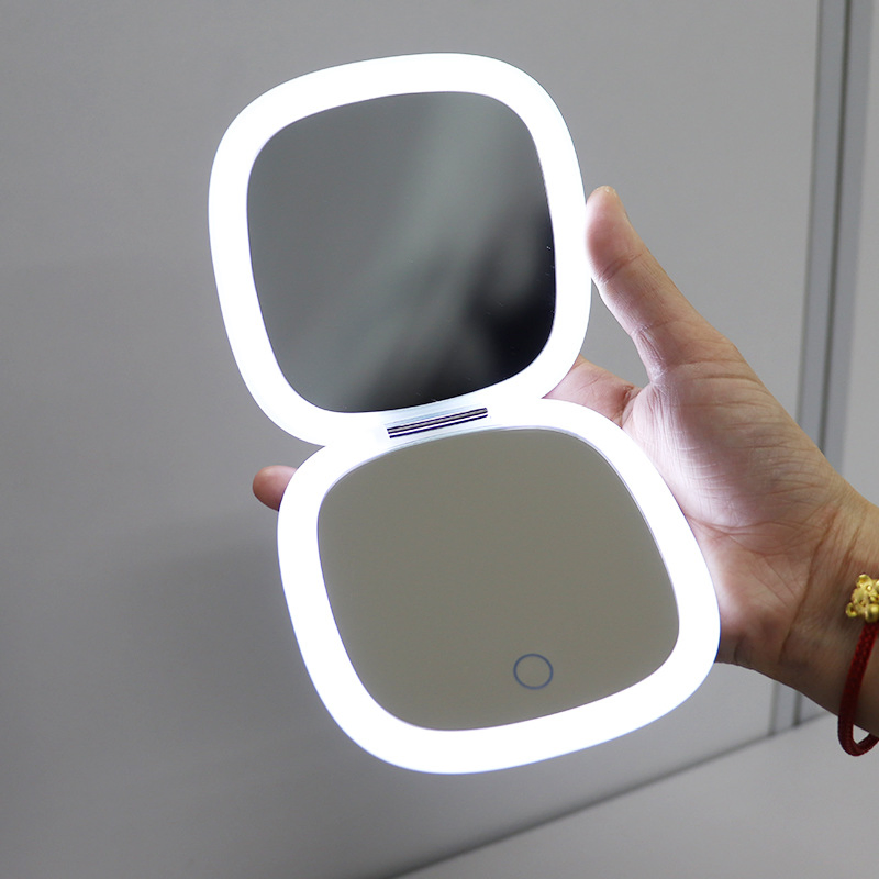 LED Compact Mirror Rechargeable 1X/10X Magnification Dimmable Travel Makeup Mirror Handbag Handheld Double Sided Mirror