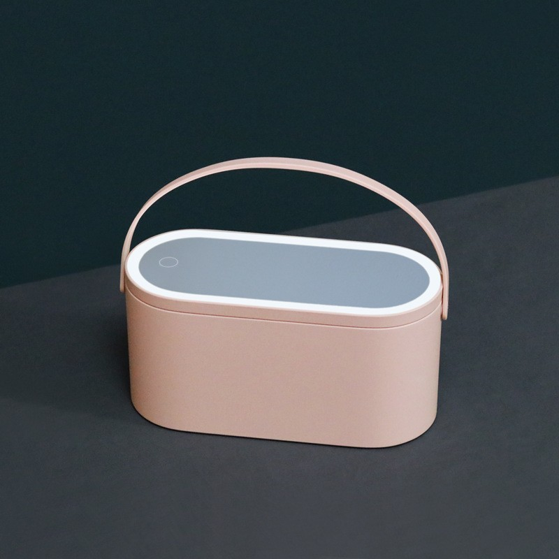 Portable Travel Foldable Smart Touch LED Light Cosmetic Mirror with Handheld Plastic Makeup Organizer Box