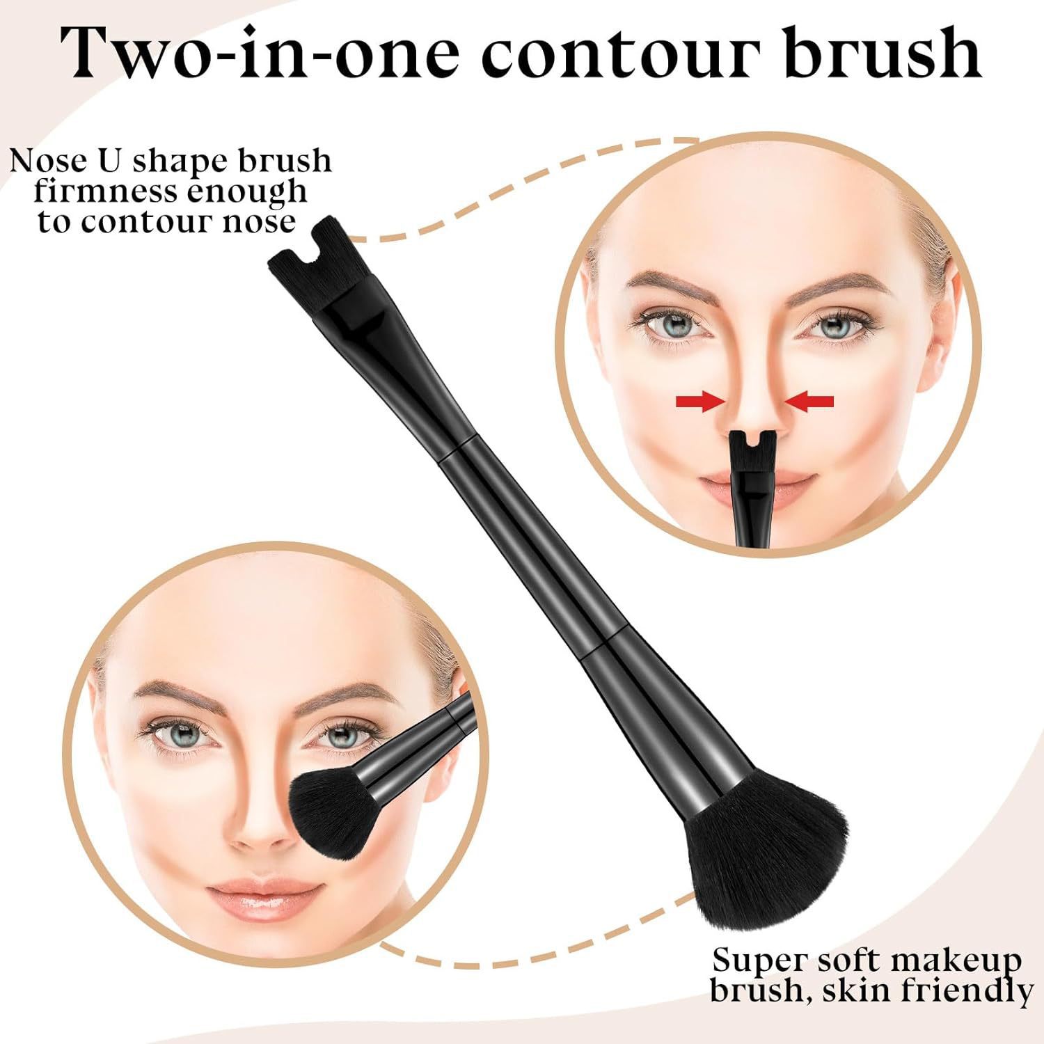2-in-1 Double-Headed U-Shape Contour Powder Brush for Nose Shadow Highlight &amp; Concealer Makeup with Comfortable Handle