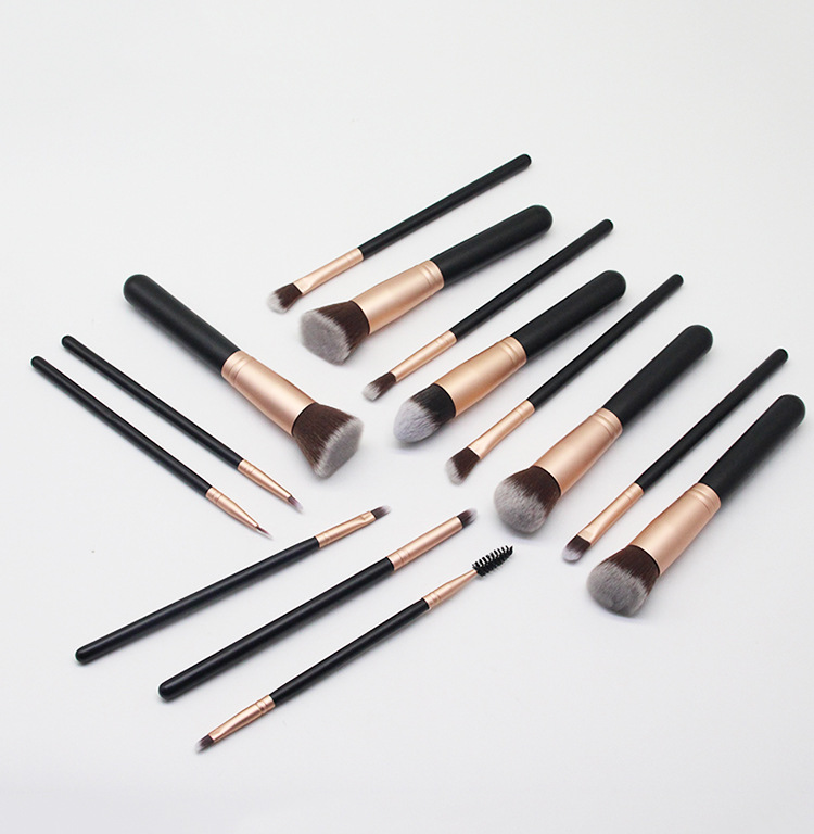 YDINI 14 Pcs Black Kabuki Cosmetics Foundation Professional Make up Brushes Natural Wood Handle Makeup Brush Set With PU Bag