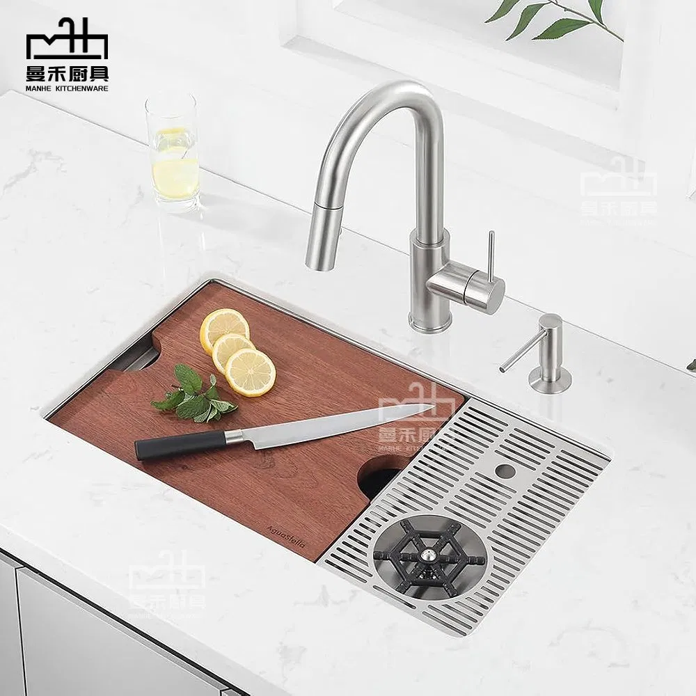 Handmade Bar Sink with Glass Rinser Stainless Steel Undermount Prep Kitchen Workstation Sink Single Bowl with Cup Washer and Cutting Board