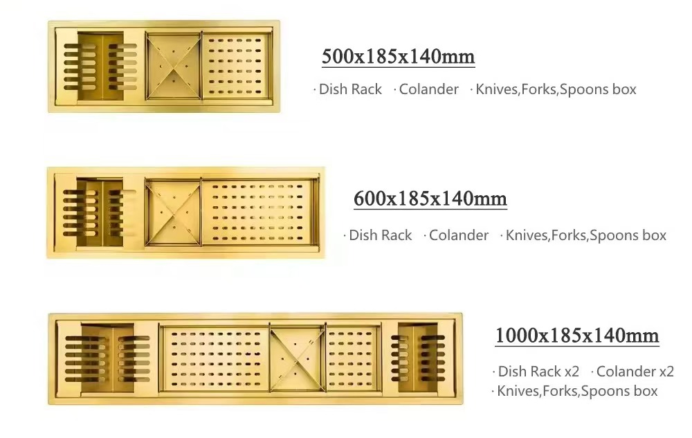 Hot Sales in Brazilian Multifunctional Gold Stainless Steel Dish Drying Kitchen Channel Sink with Gold Draining Rack
