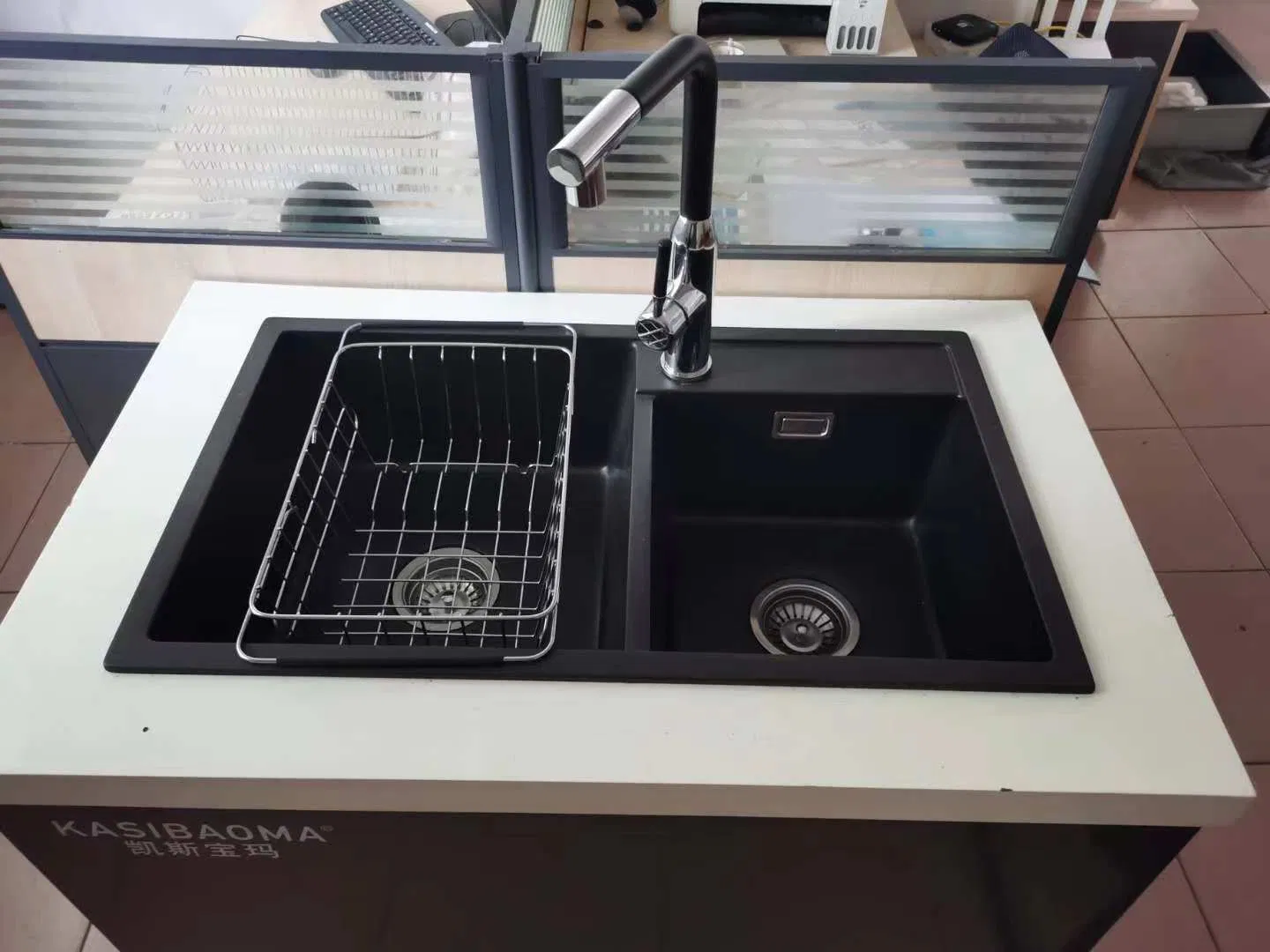 Custom Color Composite Quartz Kitchen Sink Granite Double Bowl Kitchen Sinks with Drainer