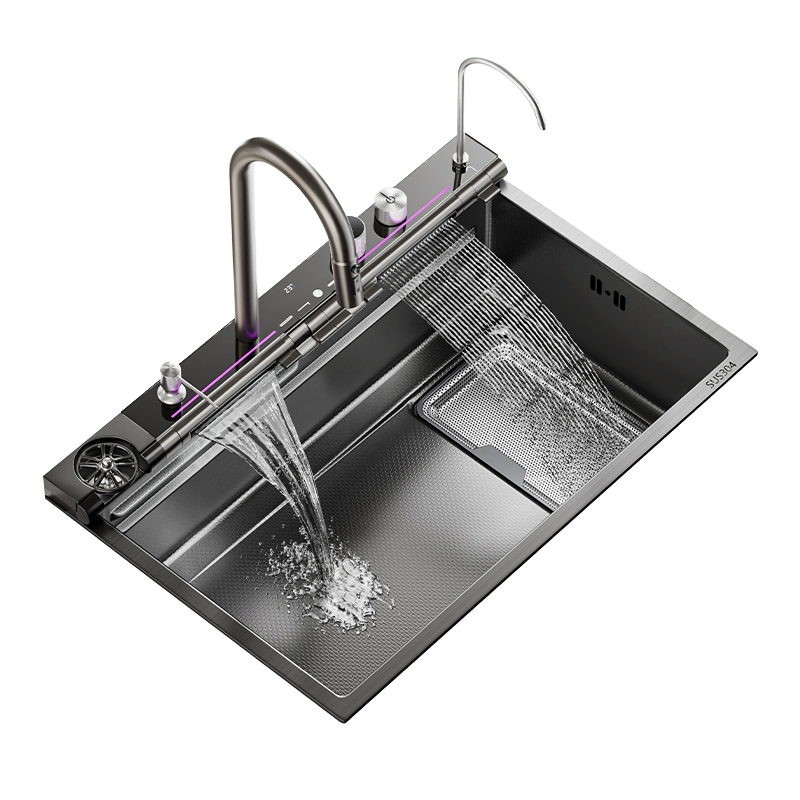 Kitchen Sink with Integrated Cutting Board/Drain Bowl - Space-Saving Design