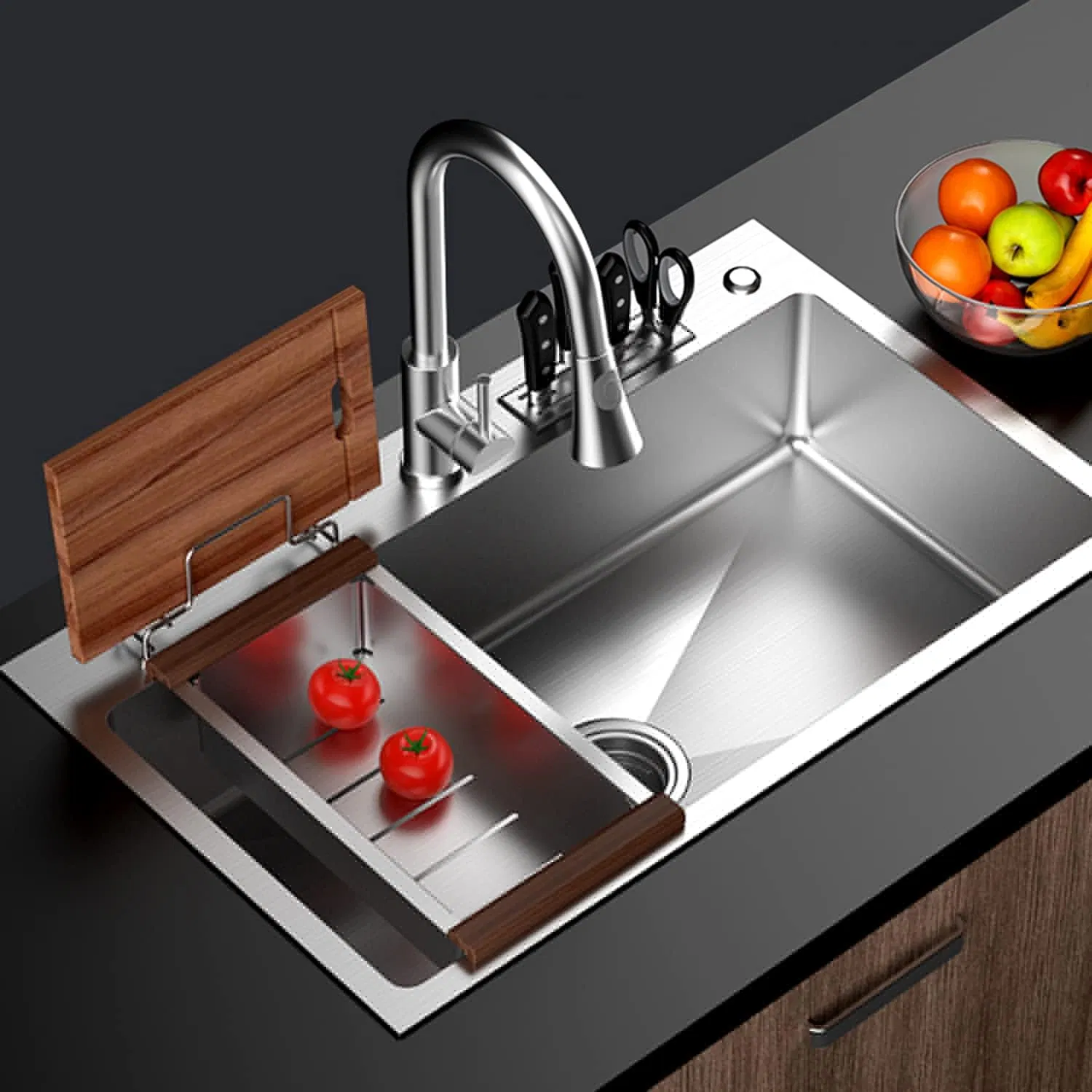 Modern SUS304 Stainless Steel Kitchen Sink Thick Large Single Slot with Knife Holder and Cutting Board Rack PVD Nano Vegetable Sink