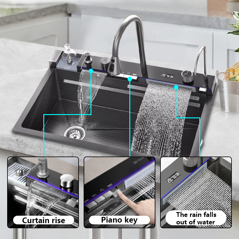 Modern Smart LED Digital Waterfall Stainless Steel Double Bowl Black Kitchen Sink Fregadero De La Cocina