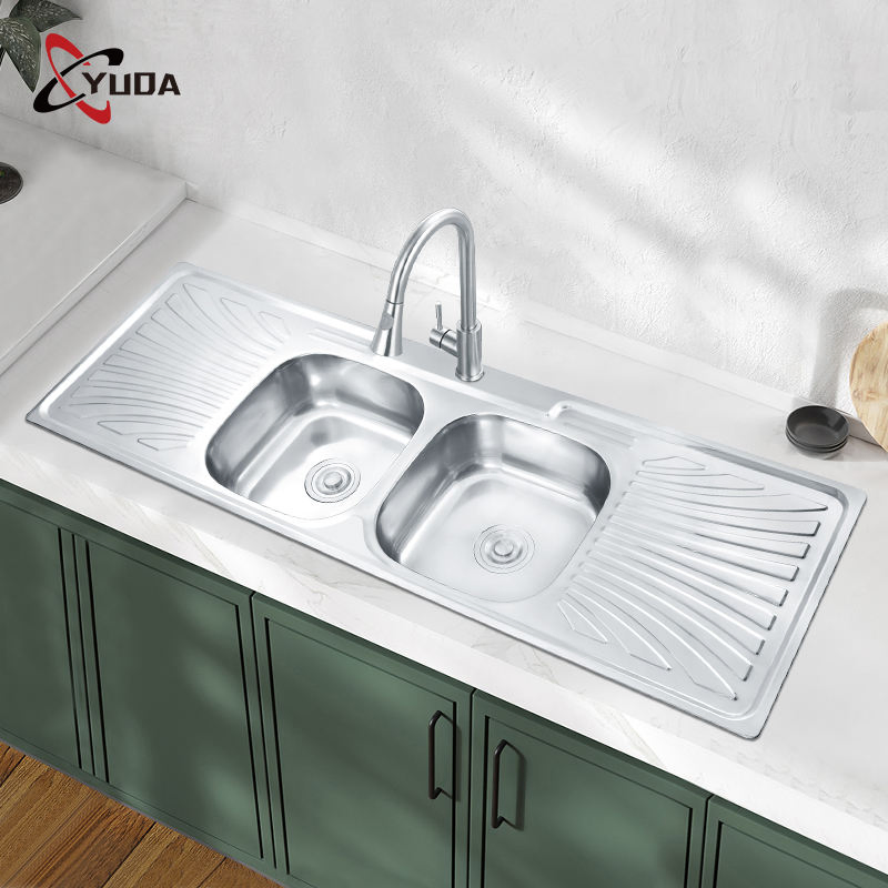 Modern Farmhouse Kitchen Sink 304 Stainless Steel Double Bowl with Plate Sink