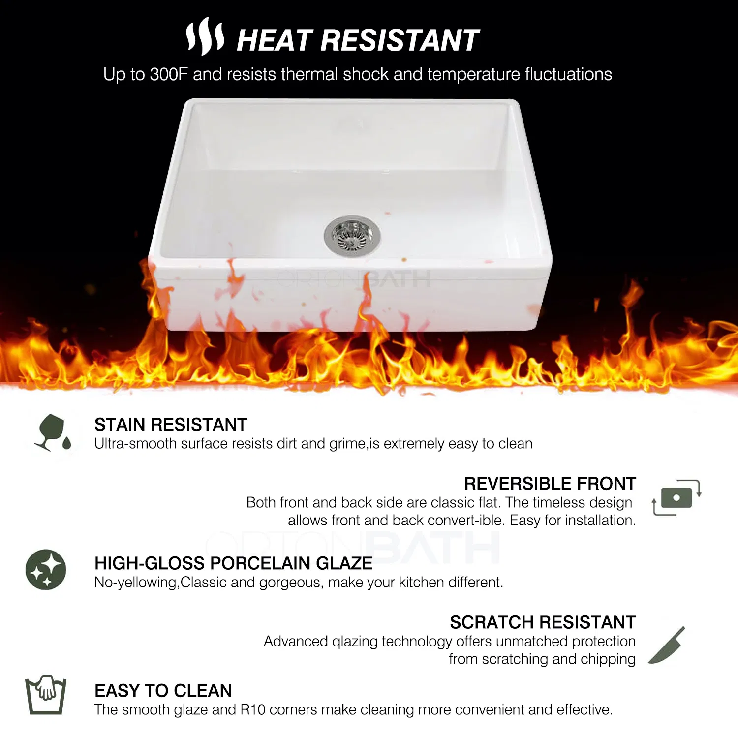 Ortonbath 30'' White Farmhouse Sink Farm Sink Fireclay Apron Front Single Bowl Kitchen Sinks Deep Drop in Undermount Kitchen Sink Modern Style Kitchen Sink