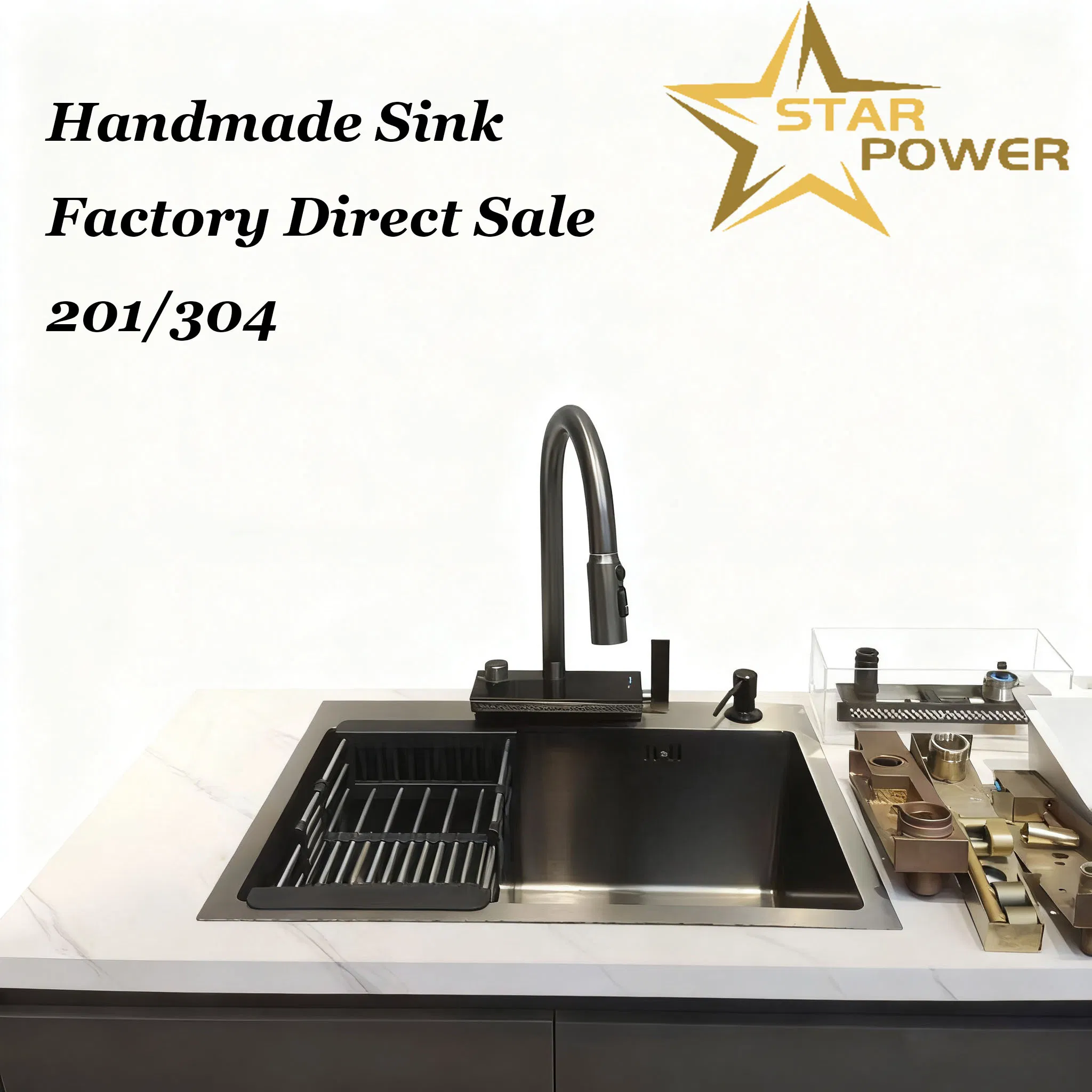 Stylish 201 Stainless Steel Handmade Sink with Storage Rack
