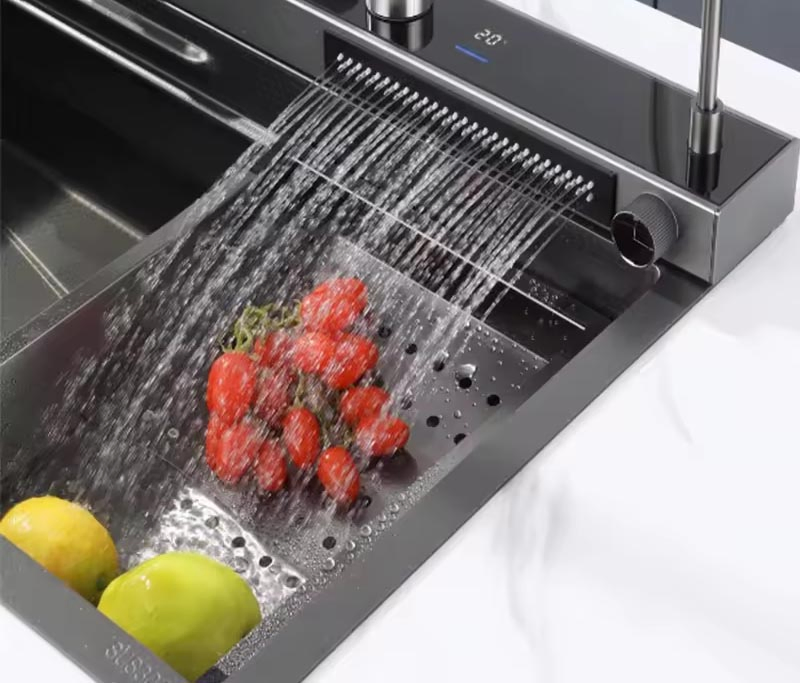 Smart Pull out Anti Scratch Waterfall Faucet Multifunctional Sink Stainless Steel Handmade Single Bowl Kitchen Sink Nano Black