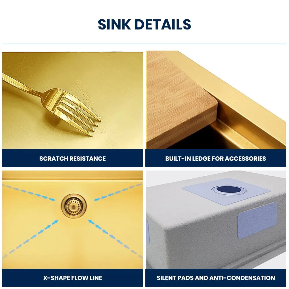 33 Inch Drop in Kitchen Sink Gold Brushed 33X22 Workstation Stainless Steel 16 Gauge Single Bowl Handmade Topmount Kitchen Sink with Cutting Board