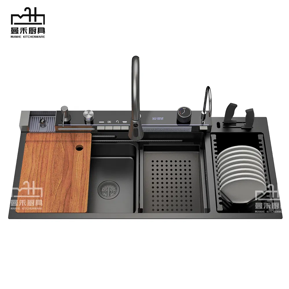 Smart Multifunctional Waterfall Sink Flying Rain Stainless Steel Sink with Dish Draining Rack 10046