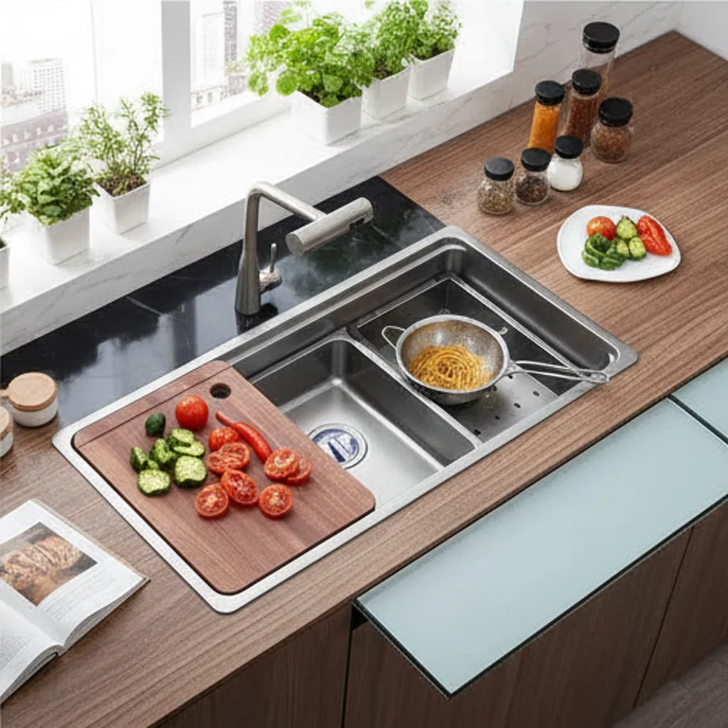 SUS 304 Multifunctional Kitchen Sink with Cutting Board and Sliding Bowl