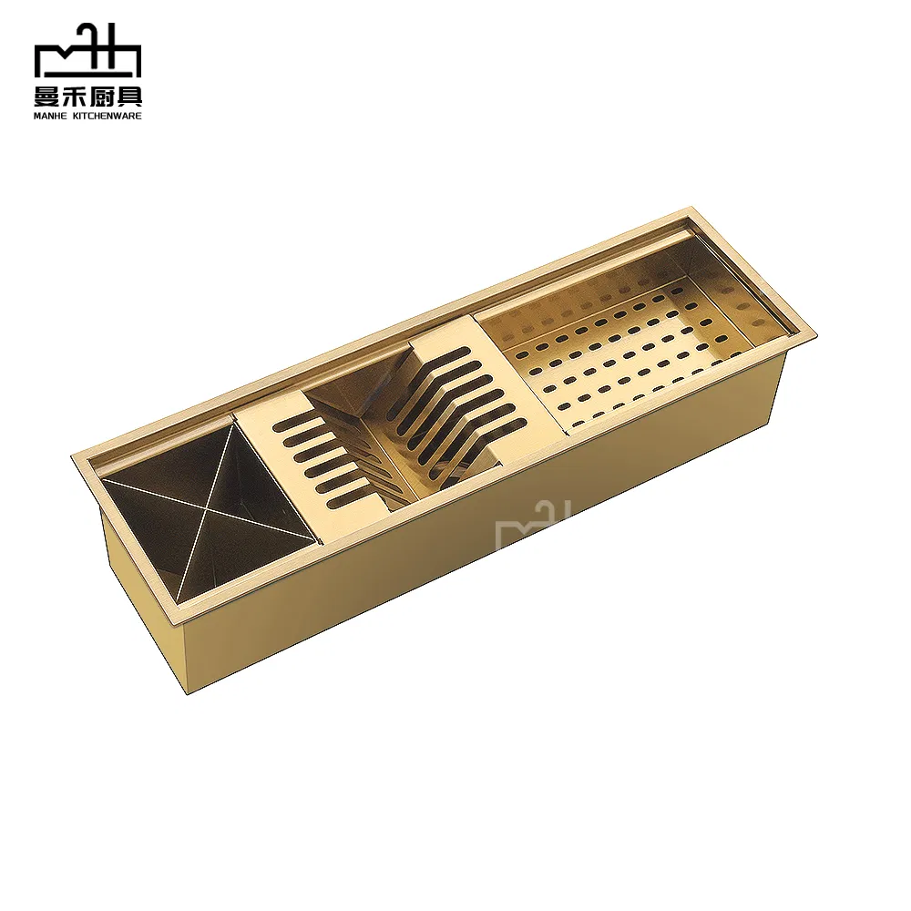 Multifunctional Gold Stainless Steel Sink Dish Drying Kitchen Channel Sink with Gold Draining Rack