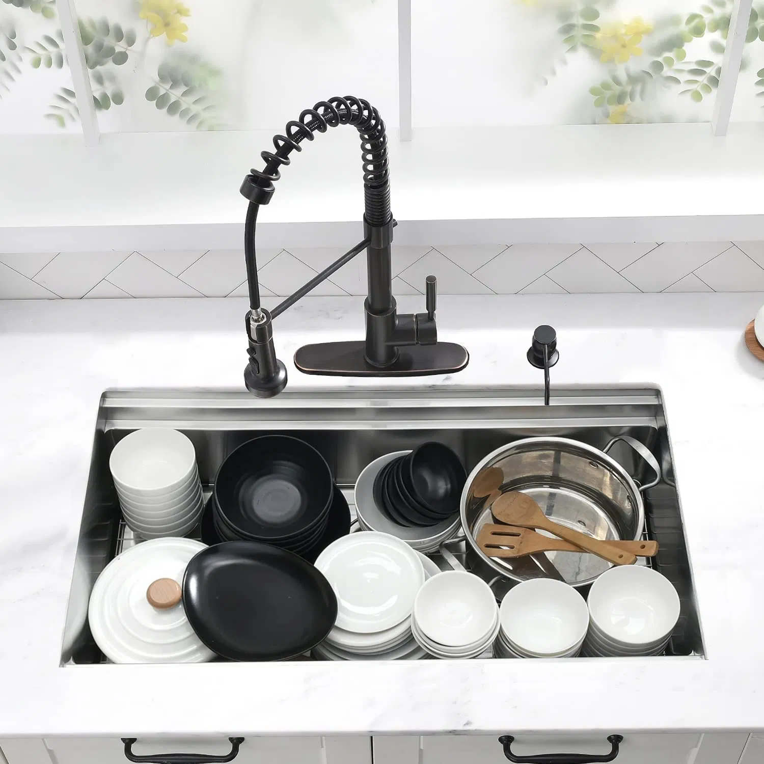 33 Inch Nano Black PVD Drop in Topmount Workstation Drainboard Farmhouse Wash Basin Single Bowl Handmade Stainless Steel Kitchen Sink