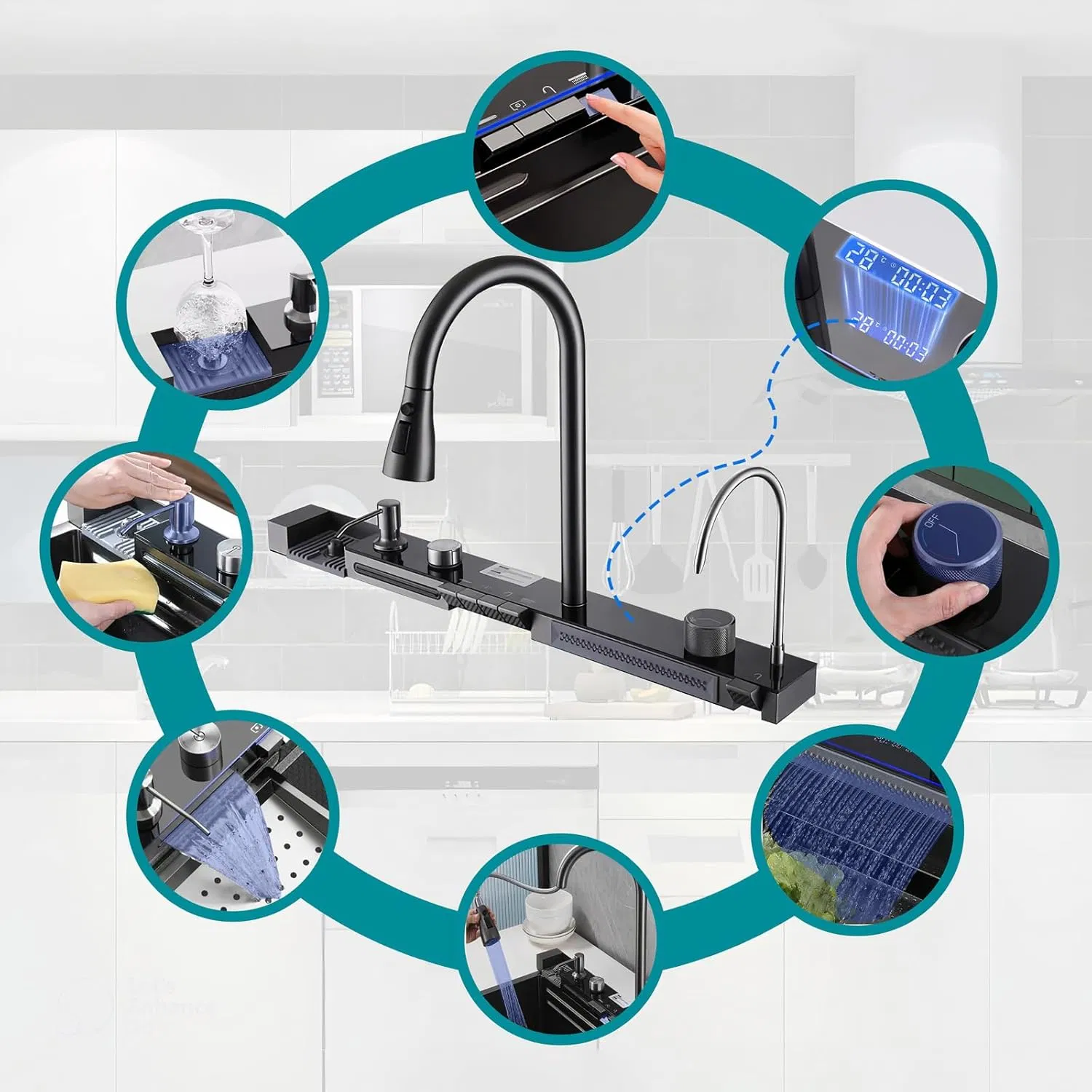 Double Waterfall Stainless Steel Kitchen Sink with Temperature Display Smart Piano Key