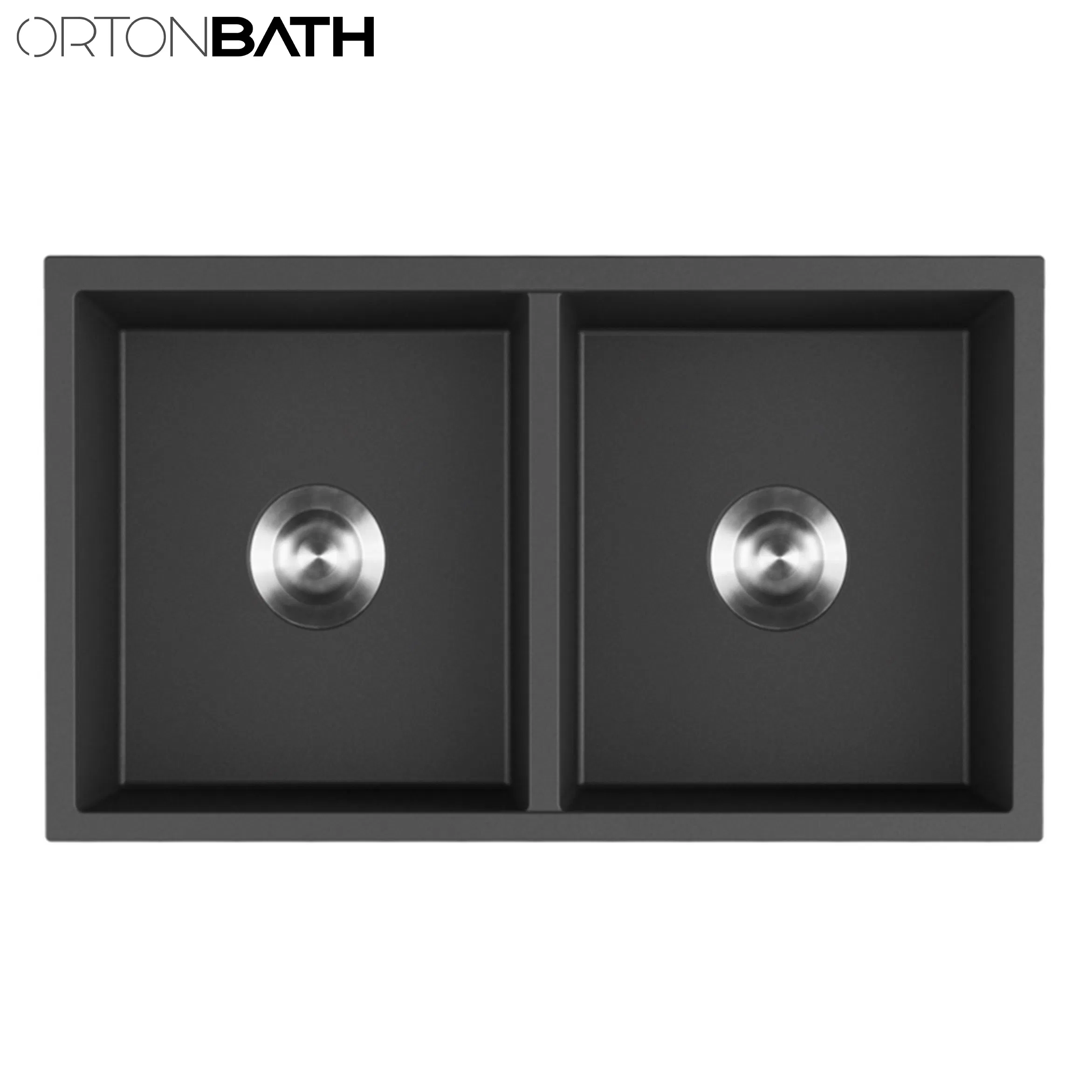 Ortonbath Double Bowl Black Silvery Granite Composite Kitchen Sink &amp; Waste Kit - 780 X 430mm