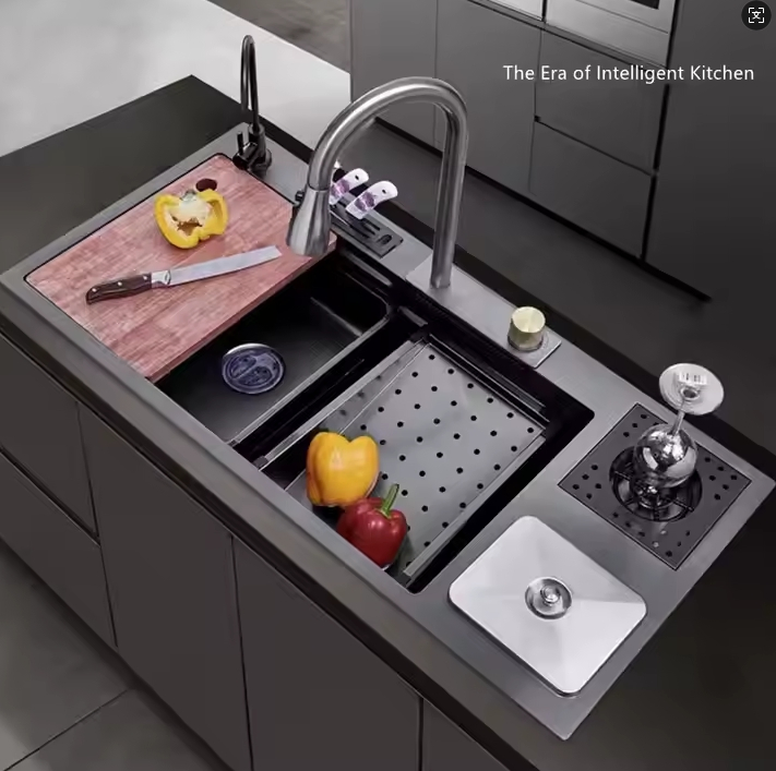 Flying Rain Waterfall Sink: Dual Basins + Retractable Cutting Board