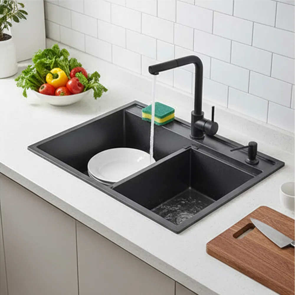Black Topmount Stainless Steel Drop in Handmade Kitchen Sink with Accessories